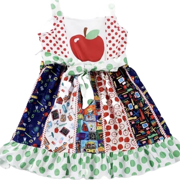 New Girls Polka Dot Apple Print Ruffled Hem Belted Cami Dress. 3-4 Years - Picture 1 of 4